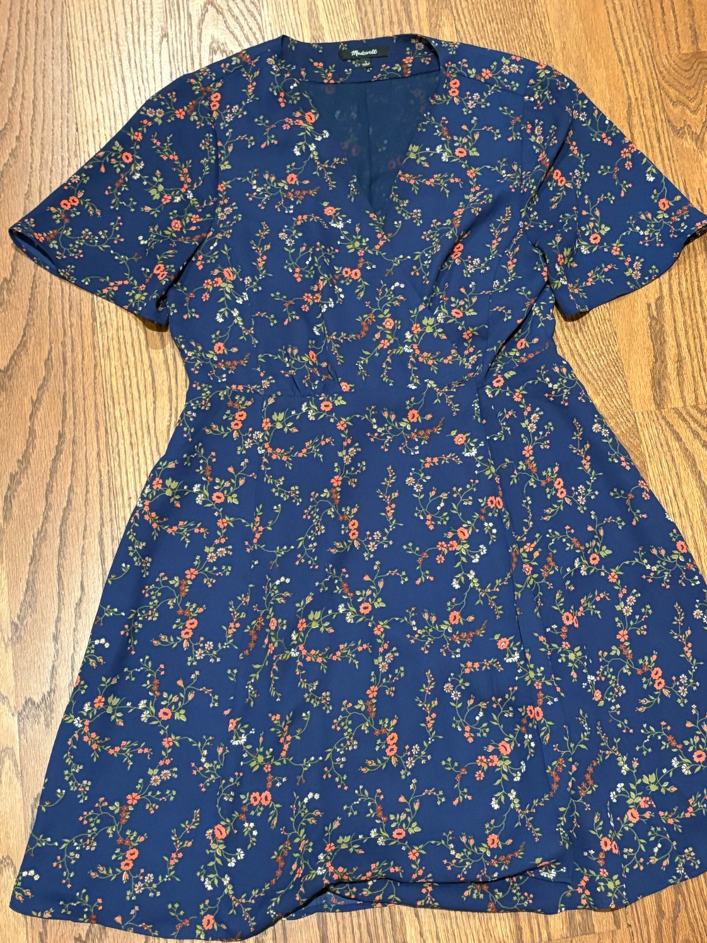 Madewell Navy Floral Wrap Dress with Coral Blossoms